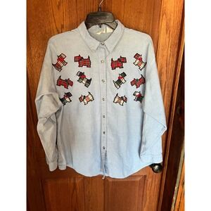 VTG Mystic Blues  Blue Chambray Button Up Shirt Scottish Terrier Applique  20W